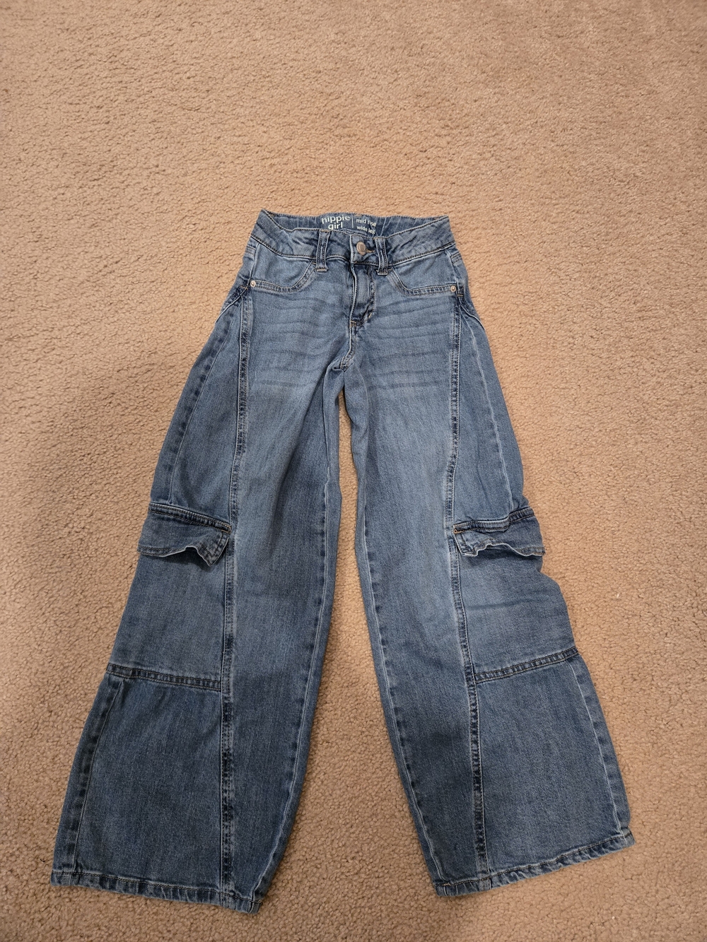 Wide Leg Paneled Cargo Jeans - Blue